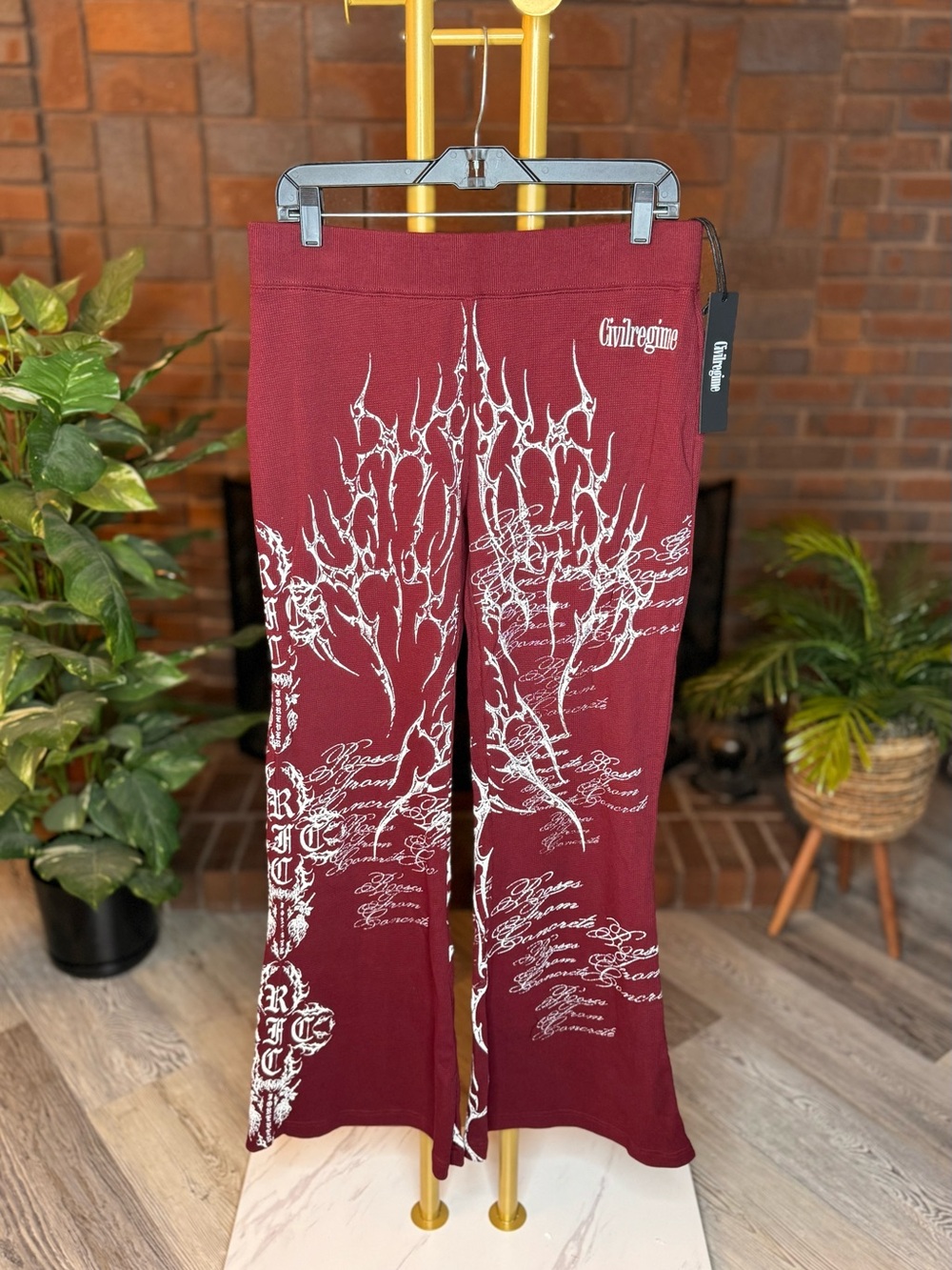 Civil Regime Roses From Concrete Graphic Flare Pants Burgundy Large NWT